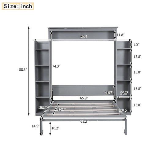 Merax Queen Size Murphy Bed Wall Bed with Shelves and LED Lights