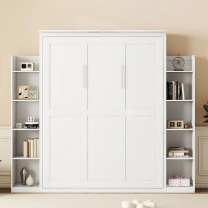 Merax Queen Size Murphy Bed Wall Bed with Shelves and LED Lights
