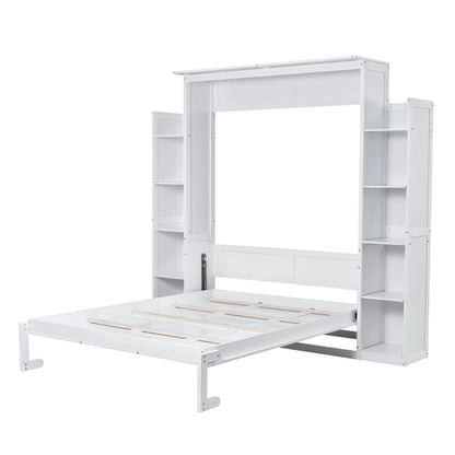 Merax Queen Size Murphy Bed Wall Bed with Shelves and LED Lights