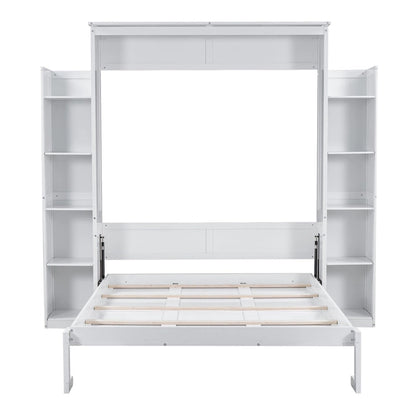 Merax Queen Size Murphy Bed Wall Bed with Shelves and LED Lights