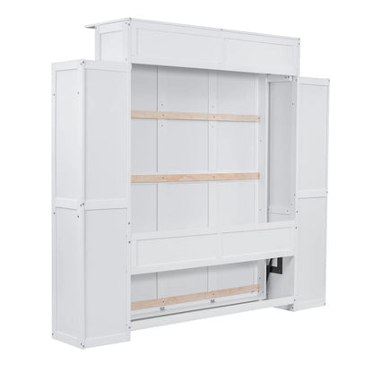 Merax Queen Size Murphy Bed Wall Bed with Shelves and LED Lights