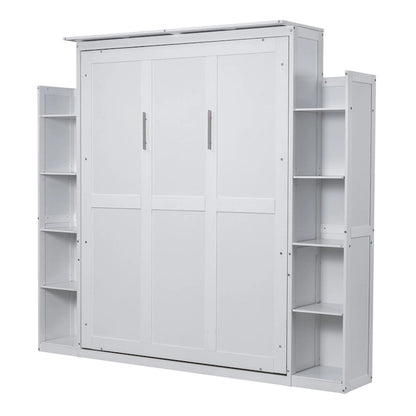 Merax Queen Size Murphy Bed Wall Bed with Shelves and LED Lights