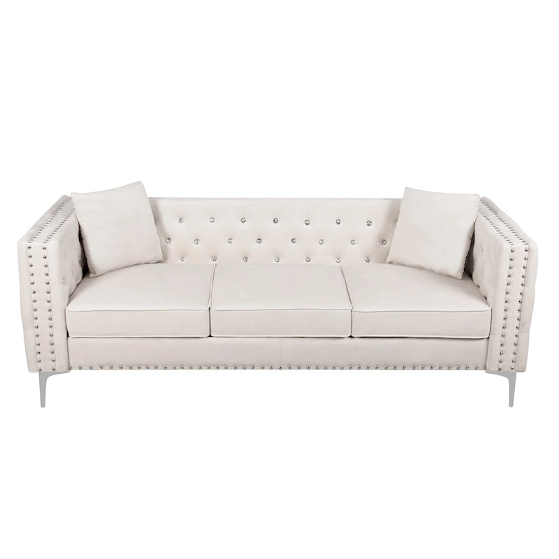 82.3 Width Modern Velvet Sofa Jeweled Buttons Tufted Square Arm Couch ,2 Pillows Included,Beige,4 colors