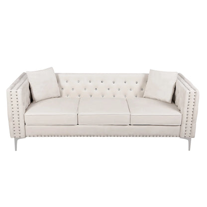 82.3 Width Modern Velvet Sofa Jeweled Buttons Tufted Square Arm Couch ,2 Pillows Included,Beige,4 colors