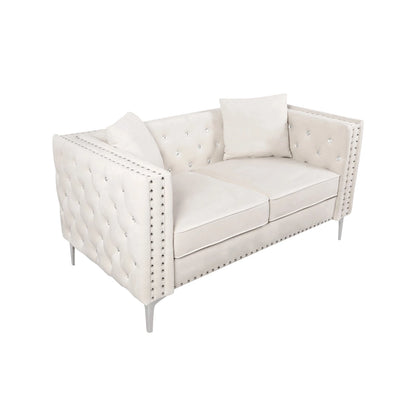 82.3 Width Modern Velvet Sofa Jeweled Buttons Tufted Square Arm Couch ,2 Pillows Included,Beige,4 colors