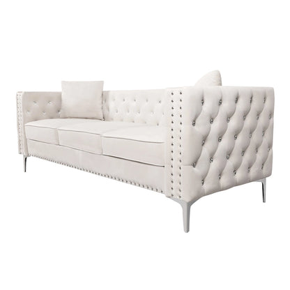 82.3 Width Modern Velvet Sofa Jeweled Buttons Tufted Square Arm Couch ,2 Pillows Included,Beige,4 colors