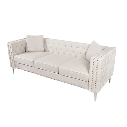 82.3 Width Modern Velvet Sofa Jeweled Buttons Tufted Square Arm Couch ,2 Pillows Included,Beige,4 colors