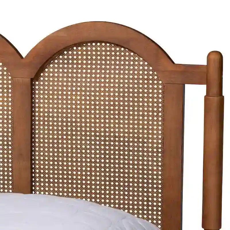 Thatcher Mid-Century Modern Walnut Brown Finished Wood Queen Size Platform Bed with Woven Rattan