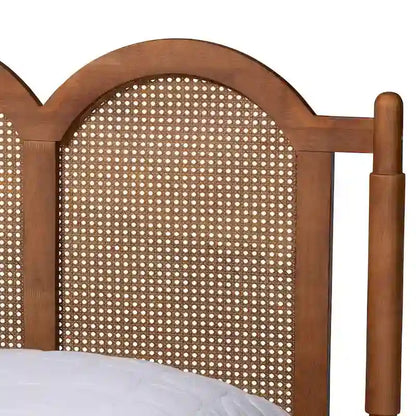 Thatcher Mid-Century Modern Walnut Brown Finished Wood Queen Size Platform Bed with Woven Rattan