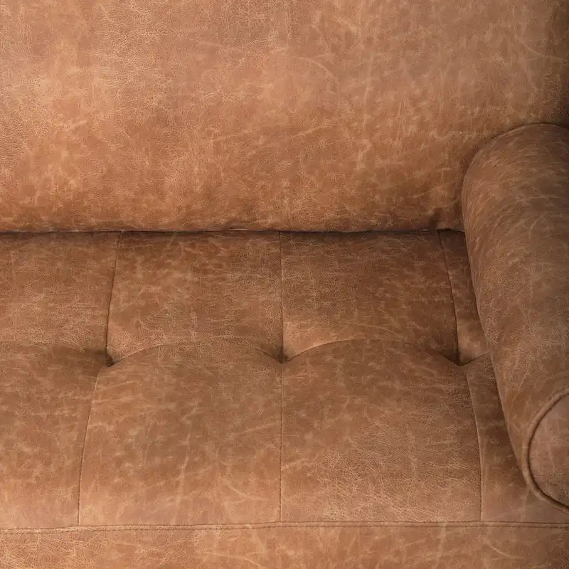 Loretta Cognac Brown Faux Leather Three Seater Sofa w/ Bolster Cushions - 87.9W x 36.2D x 33.8H