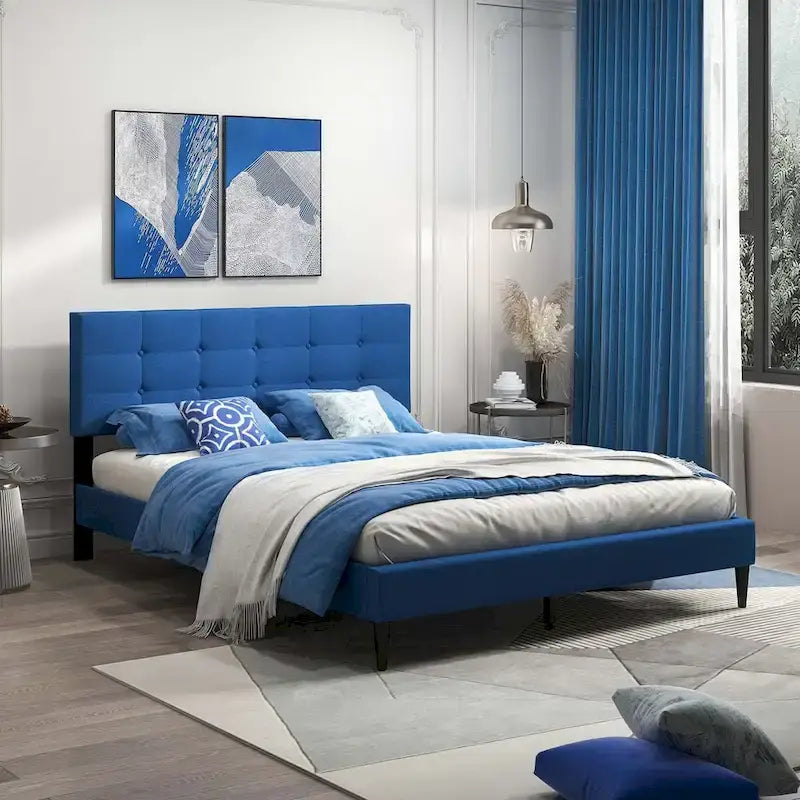 Costway Queen Upholstered Platform Bed Mattress Foundation Button