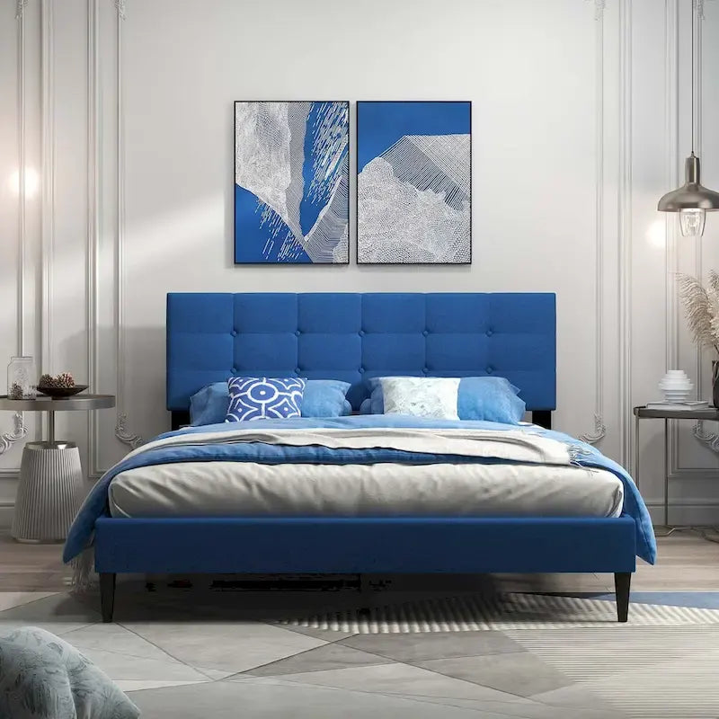 Costway Queen Upholstered Platform Bed Mattress Foundation Button