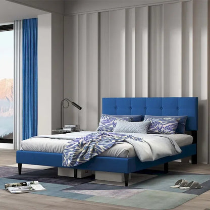 Costway Queen Upholstered Platform Bed Mattress Foundation Button