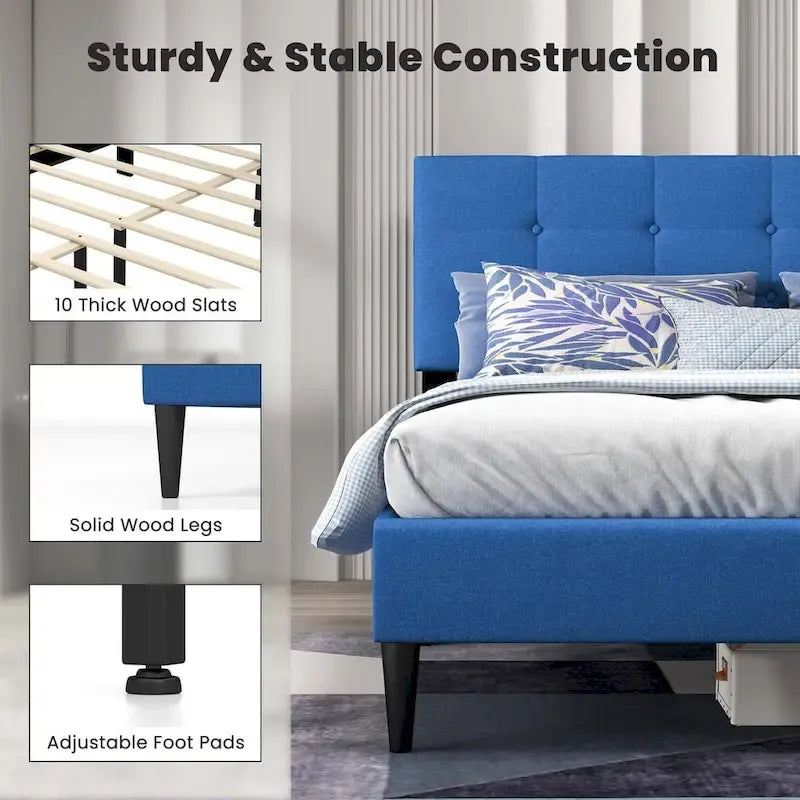 Costway Queen Upholstered Platform Bed Mattress Foundation Button