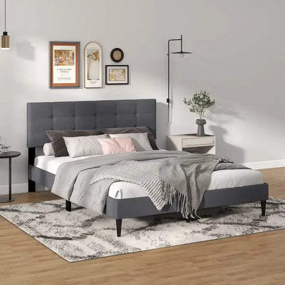 Costway Queen Upholstered Platform Bed Mattress Foundation Button