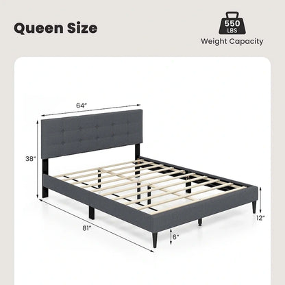 Costway Queen Upholstered Platform Bed Mattress Foundation Button