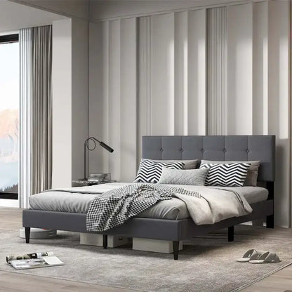 Costway Queen Upholstered Platform Bed Mattress Foundation Button