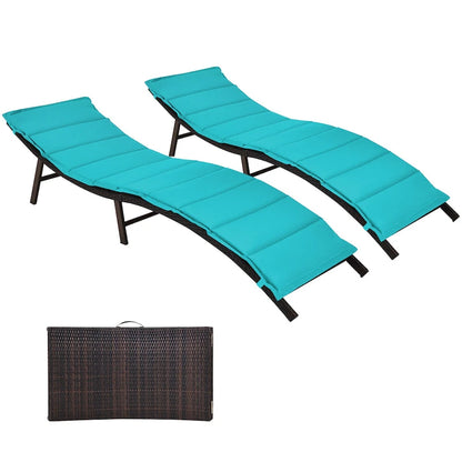 Gymax Set of 2 Folding Wicker Chaise Portable Lounge Chair w/ - 81x 23.5x 20