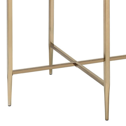 End Table with Oval Marble Top and X Shaped Support - Grey and Gold - 26 L x 26 W x 23.62 H Inches