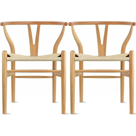 Set of 2 Natural Modern Wood Dining Chair With Back Y Arm Armchair Hemp Seat Home Restaurant Office Desk Work Kitchen