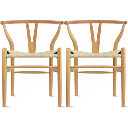 Set of 2 Natural Modern Wood Dining Chair With Back Y Arm Armchair Hemp Seat Home Restaurant Office Desk Work Kitchen