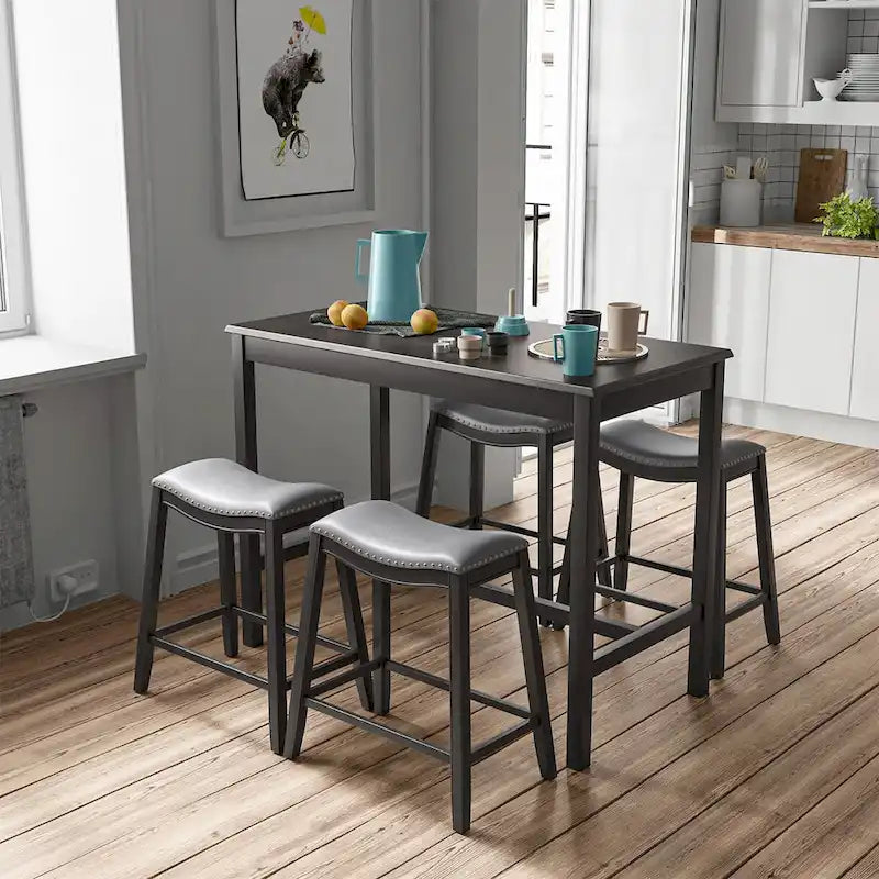 Costway 5PCS Bar Table Set Counter Height Table & Upholstered Saddle