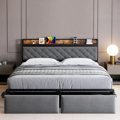 Bed Frame with RGB LED Lights Headboard & 2 Storage Drawers