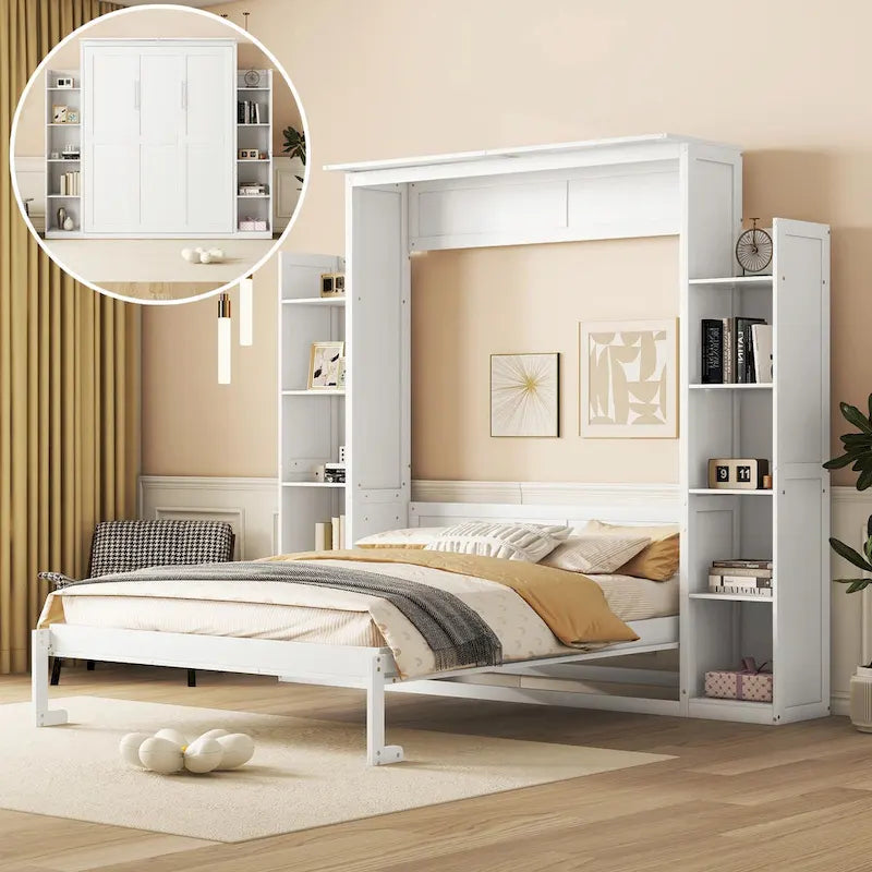 Queen Size Murphy Bed with Shelves and LED Lights