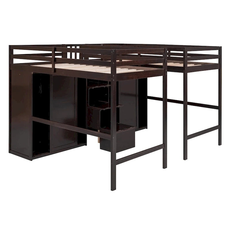 Double Twin Loft Beds with Wardrobes and Staircase
