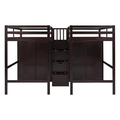 Double Twin Loft Beds with Wardrobes and Staircase