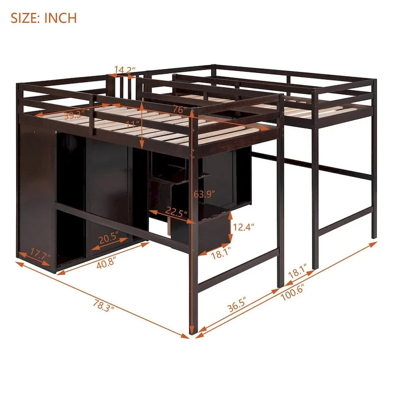 Double Twin Loft Beds with Wardrobes and Staircase