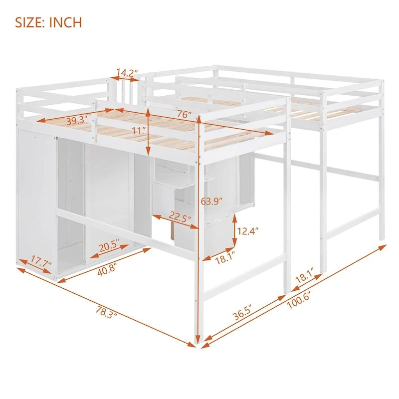 Double Twin Loft Beds with Wardrobes and Staircase
