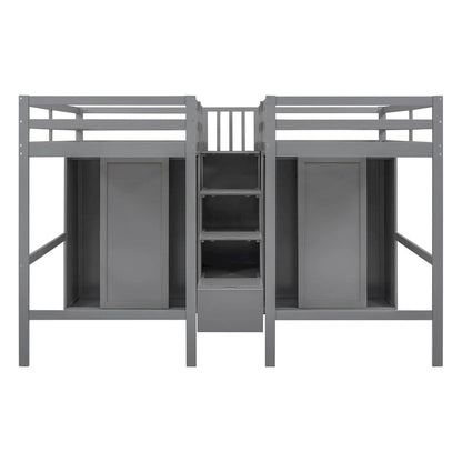 Double Twin Loft Beds with Wardrobes and Staircase