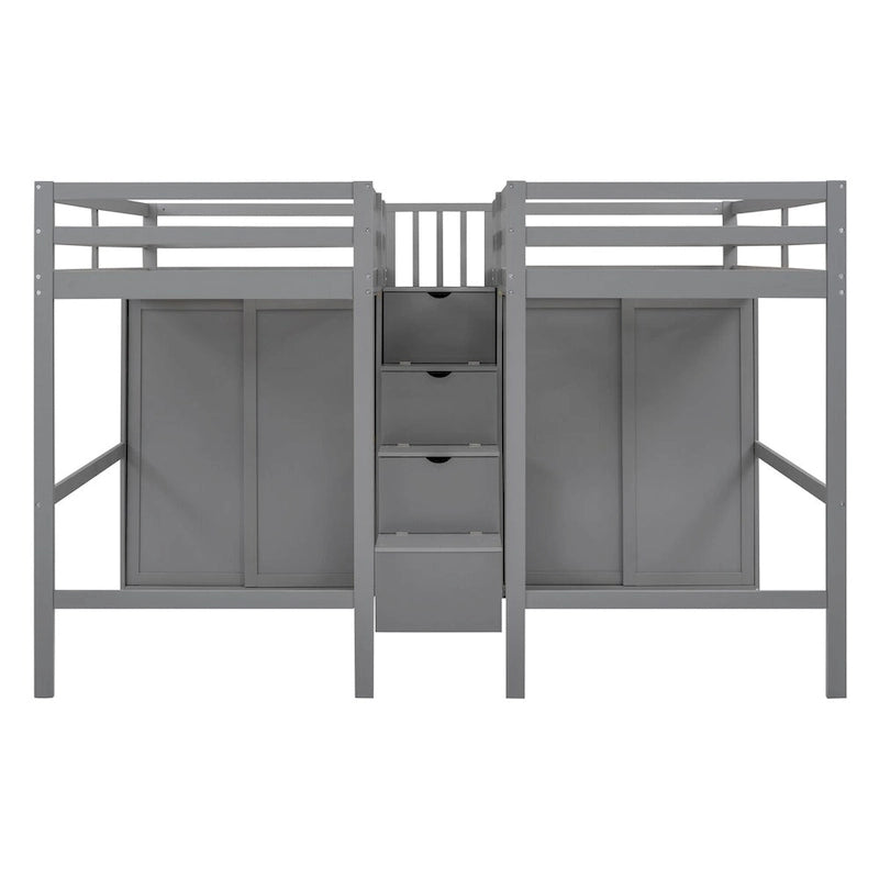 Double Twin Loft Beds with Wardrobes and Staircase