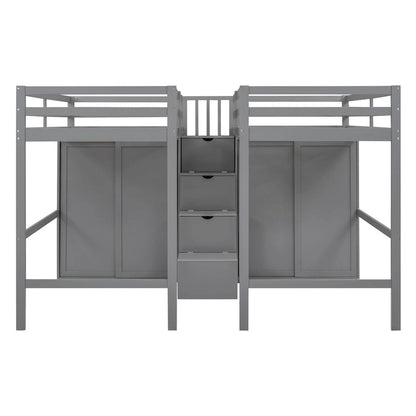 Double Twin Loft Beds with Wardrobes and Staircase