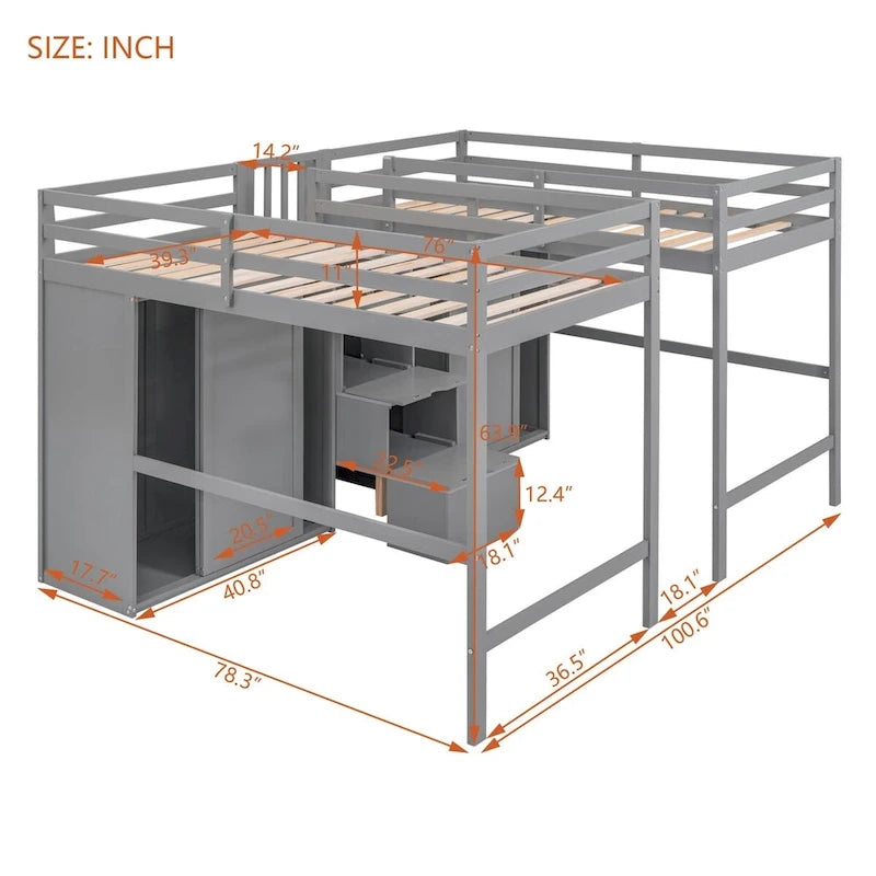 Double Twin Loft Beds with Wardrobes and Staircase