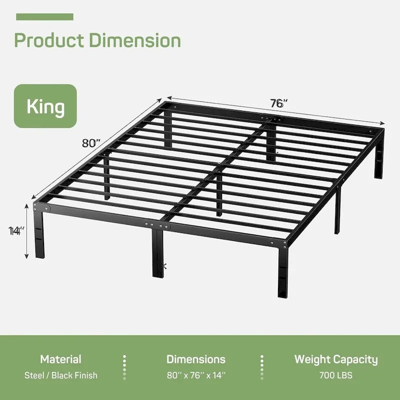 Bed Frame, Metal Platform Frames No Box Spring Needed, Heavy Duty with Storage Space, 14 Inches High, Sturdy Steel Slat Support