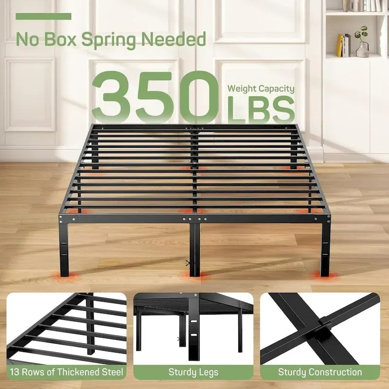 Bed Frame, Metal Platform Frames No Box Spring Needed, Heavy Duty with Storage Space, 14 Inches High, Sturdy Steel Slat Support