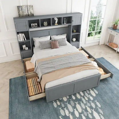 Full Size Wood Bed with All-in-One Cabinet and Shelf