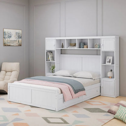 Full Size Wood Bed with All-in-One Cabinet and Shelf