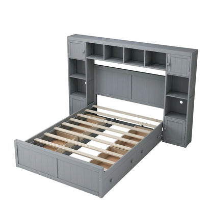 Full Size Wood Bed with All-in-One Cabinet and Shelf