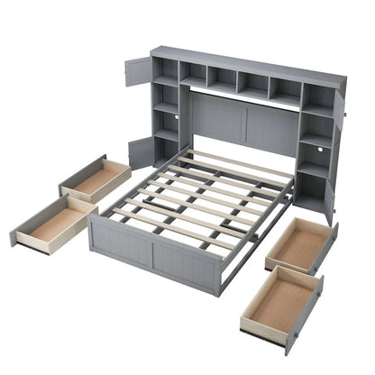 Full Size Wood Bed with All-in-One Cabinet and Shelf