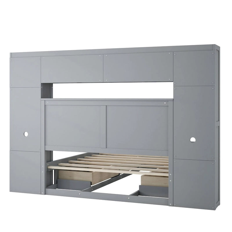 Full Size Wood Bed with All-in-One Cabinet and Shelf