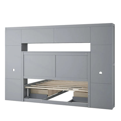 Full Size Wood Bed with All-in-One Cabinet and Shelf