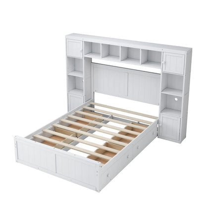 Full Size Wood Bed with All-in-One Cabinet and Shelf