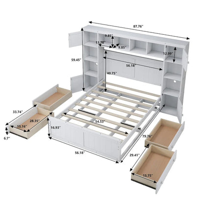 Full Size Wood Bed with All-in-One Cabinet and Shelf
