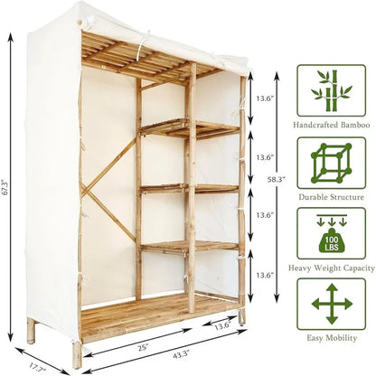 Bamboo Wardrobe Closet Organizer with Shelves and Fabric Cover
