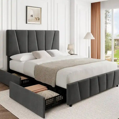 Upholstered Platform Bed Frame with Headboard and 4 Storage Drawers