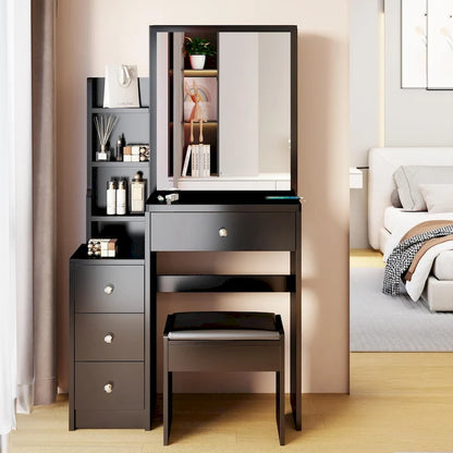 Makeup Vanity Desk Set with Sliding Mirror and Cushioned Stool