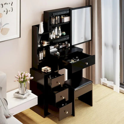 Makeup Vanity Desk Set with Sliding Mirror and Cushioned Stool